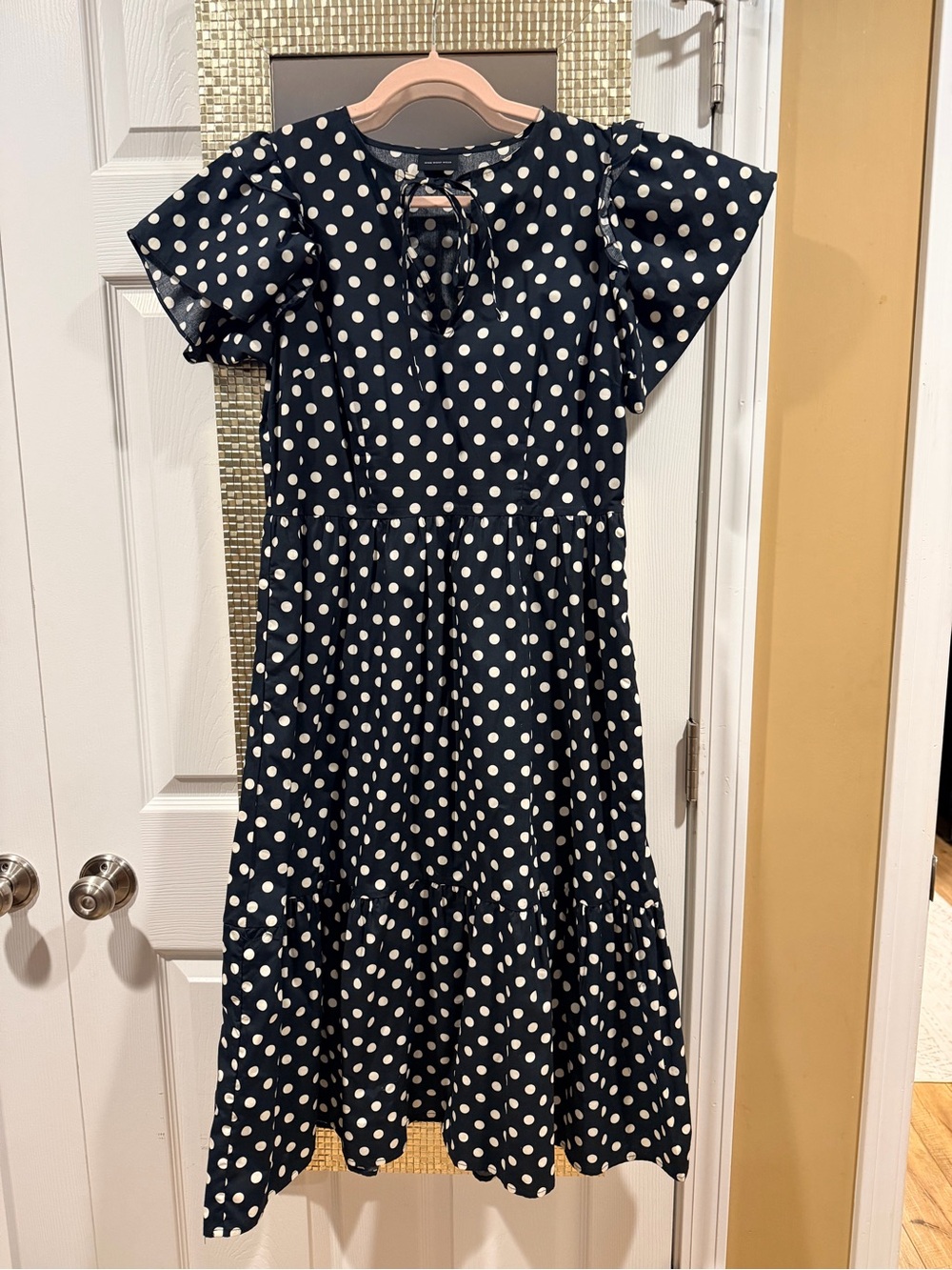 Who What Wear Navy and White Polka Dot Tiered Dress